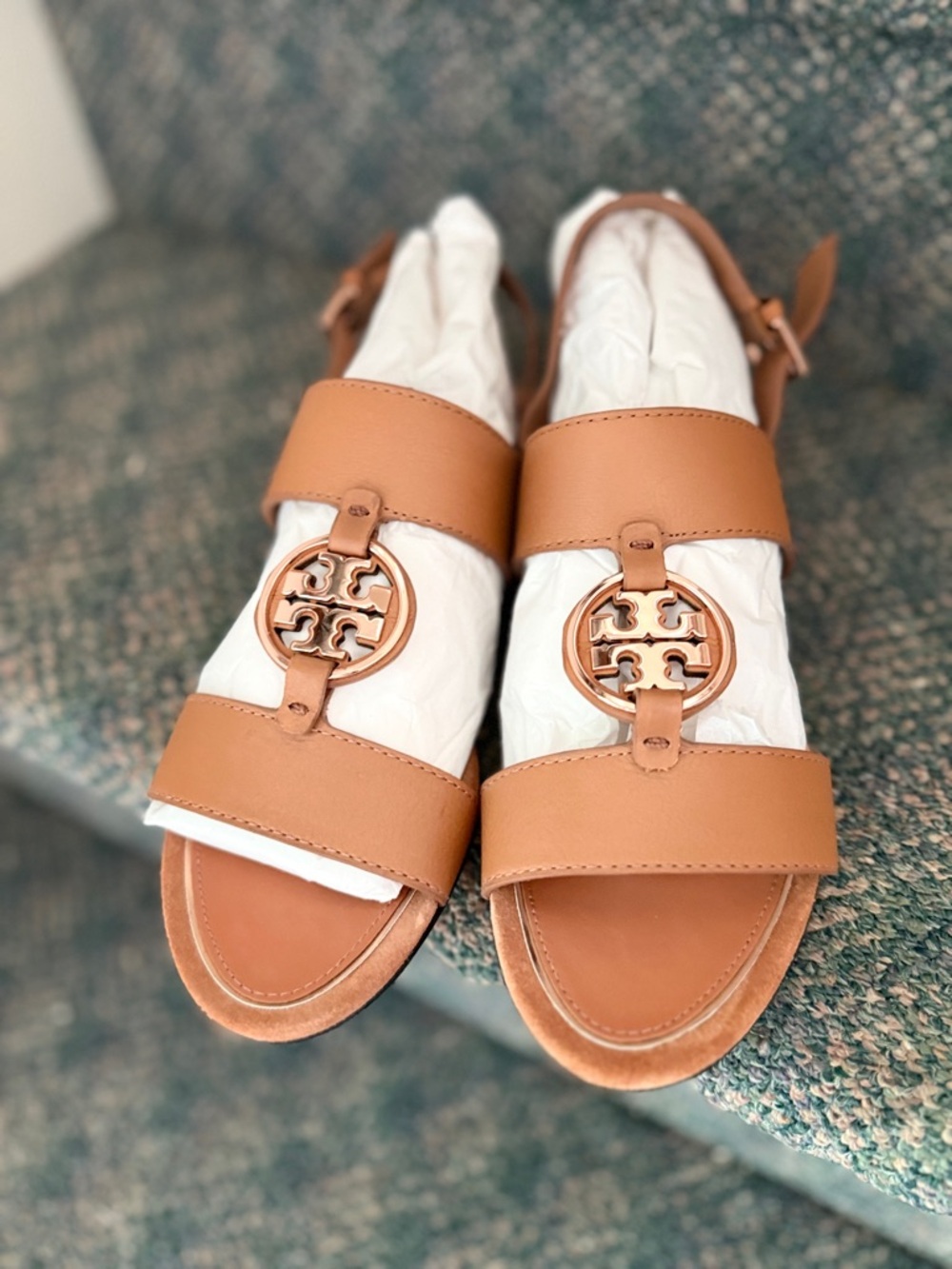 Tory Burch Tan Leather Logo-Emblem Slingback Sandals size 8.5